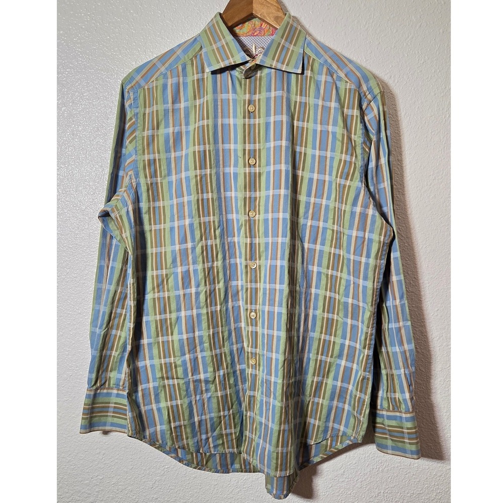 Robert Graham Men's M Plaid Button Front Shirt Blue Green Paisley Trim Cotton